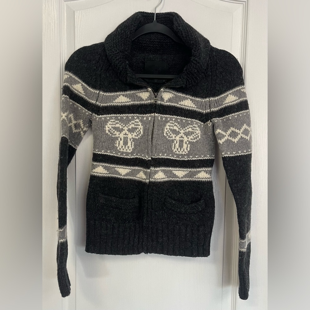 TNA Aritzia Sea to Sky Charcoal/Gray/Cream Lambswool Cardigan Sz Small